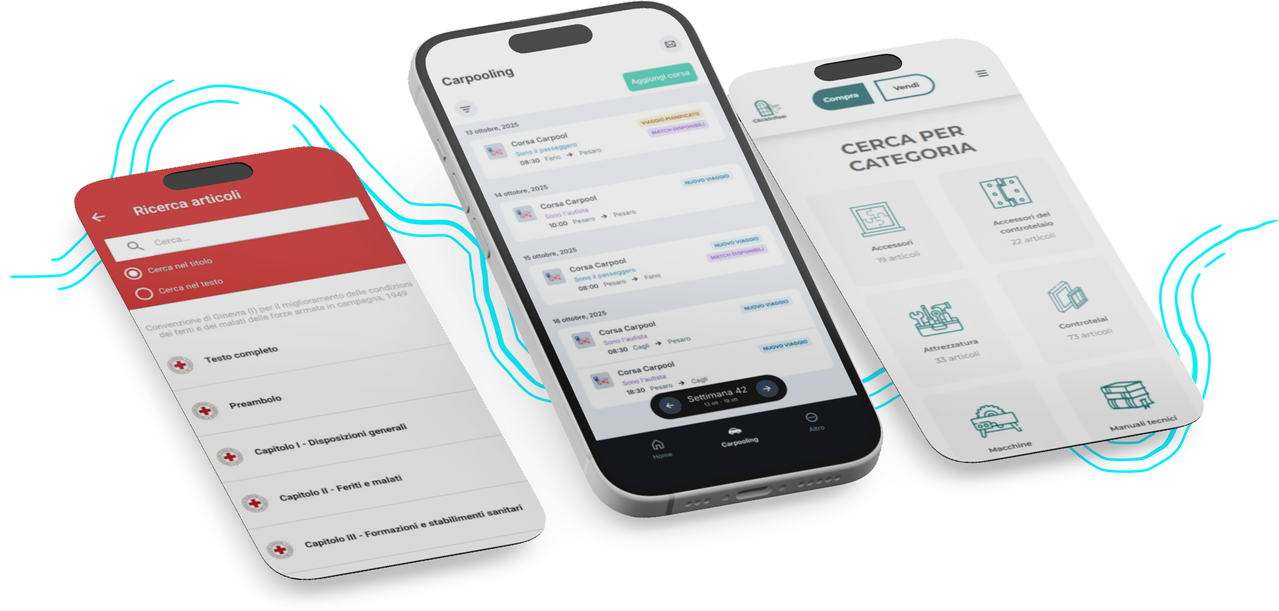 Schermate delle app International Humanitarian Law, Carpooling e ClickInfissi